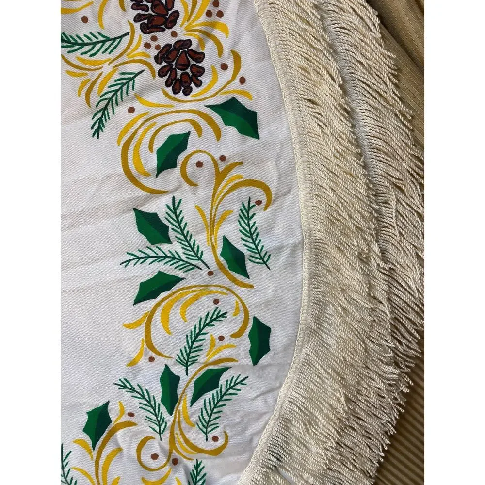 Vintage Christmas Tablecloth Oval Fringe MCM 76”x60 Candles Pinecones Holly